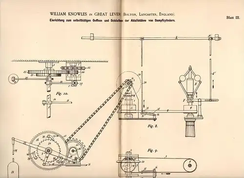 Original Patentschrift - W. Knowles in Great Lever , Bolton , 1886 , Dampfmaschine , Ablassventil , Valve !!!