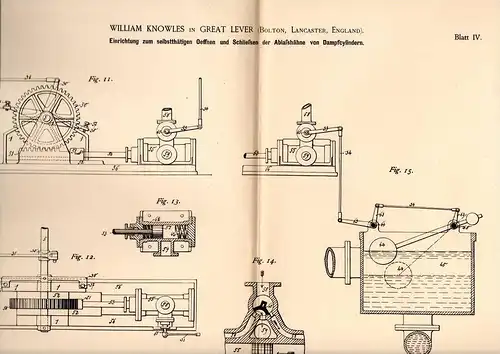 Original Patentschrift - W. Knowles in Great Lever , Bolton , 1886 , Dampfmaschine , Ablassventil , Valve !!!