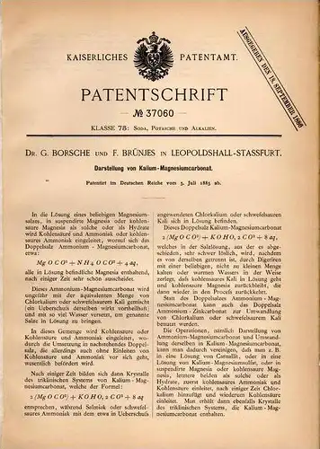 Original Patentschrift - Dr. G. Borsche und F. Brünjes in Leopoldshall - Stassfurt , 1885 , Kalium - Magnesiumcarbonat !