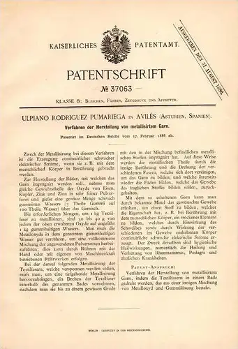 Original Patentschrift - U. Pumariega in Avilés , Asturien , 1886 , Metall - Garn , Textilien !!!