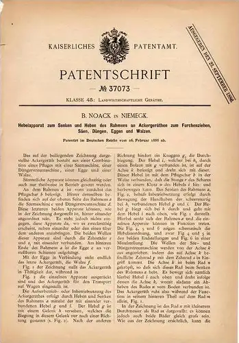 Original Patentschrift - B. Noack in Niemegk , 1886, Maschine für Ackergerät , Landwirtschaft , Ackerbau , Agrar , Pflug