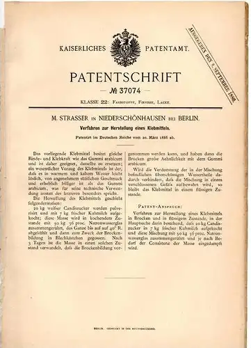 Original Patentschrift - M. Strasser in Niederschönhausen b. Berlin , 1886 , Klebstoff , Kleber , Leim , Gummi arabicum