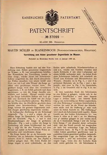 Original Patentschrift -M. Möller in Blankenmoor b. Neuenkirchen ,1886,Hebeapparat für versunkenen Gegenstände, Holstein