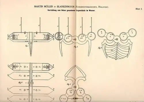 Original Patentschrift -M. Möller in Blankenmoor b. Neuenkirchen ,1886,Hebeapparat für versunkenen Gegenstände, Holstein