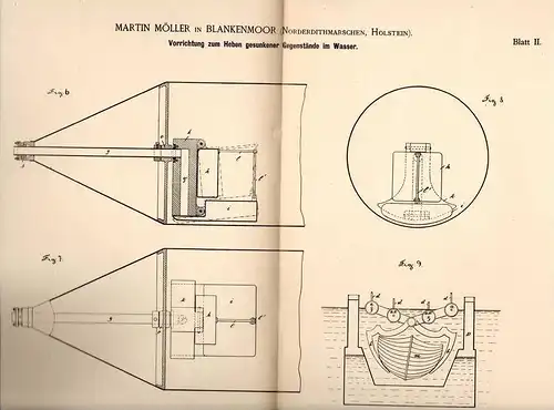 Original Patentschrift -M. Möller in Blankenmoor b. Neuenkirchen ,1886,Hebeapparat für versunkenen Gegenstände, Holstein