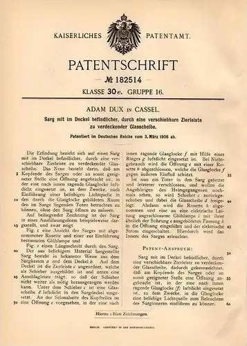 Original Patentschrift - Adam Dux in Cassel , 1906 , Sarg mit Beleuchtung , Bestatter , Leichnam , Bestattung , Friedhof