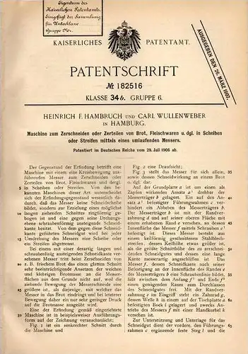 Original Patentschrift - H. Hambruch und C. Wullenweber in Hamburg , 1906 , Maschine für Fleisch und Brot !!!