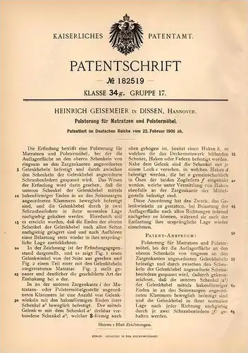 Original Patentschrift - H. Geisemeier in Dissen b. Hannover , 1906 , Polsterung für Möbel und Matratzen !!!