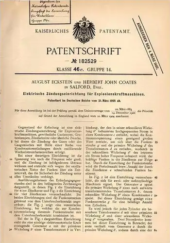 Original Patentschrift - Ignition for motor , 1905 , A. Eckstein und J. Coates in Salford , England !!!
