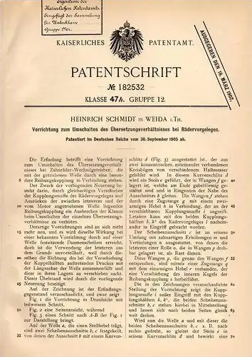 Original Patentschrift - H. Schmidt in Weida i. Th., 1905 , Apparat für Zahnräder - Wechselgetriebe !!!