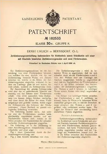 Original Patentschrift - E. Uhlich in Bernsdorf , Oberlausitz , 1906 , Kohlenholz - Zerkleinerungsmaschine !!!