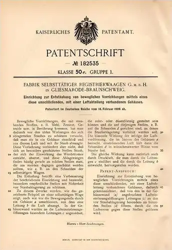 Original Patentschrift - Fabrik für Registrierwaagen in Gliesmarode - Braunschweig , 1906 , Mehl- und Zement Entstäubung