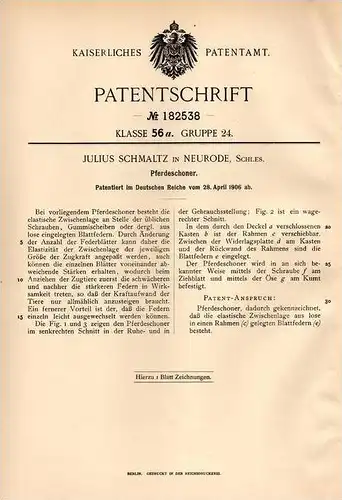 Original Patentschrift - J. Schmaltz in Neurode i. Schlesien , 1906 , Schoner für Pferde , Pferd , Nowa Ruda !!!