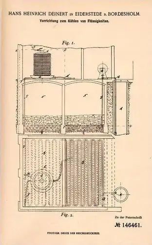 Original Patentschrift - H. Deinert in Eiderstede b. Bordesholm , 1902 , Kühlapparat für Flüssigkeiten !!!