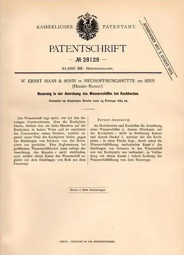 Original Patentschrift - W. Haas in Neuhoffnungshütte b. Sinn , Hessen , 1884 , Wasserschiff für Kochherd !!!