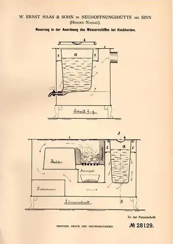Original Patentschrift - W. Haas in Neuhoffnungshütte b. Sinn , Hessen , 1884 , Wasserschiff für Kochherd !!!