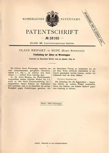 Original Patentschrift - C. Meifort in Sude b. Steinburg , 1884 , Haltung für Wieseneggen , Egge , Landwirtschaft !!!