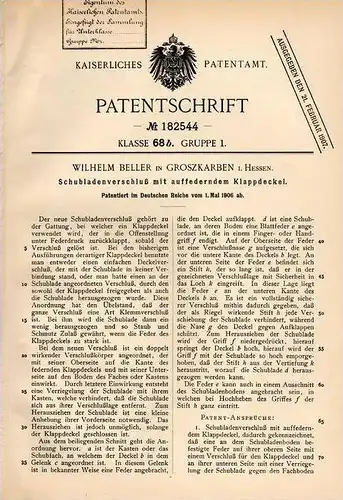 Original Patentschrift - W. Beller in Groß - Karben i. Hessen , 1906 , Verschluß für Schublade , Schrank , Schreiner !!