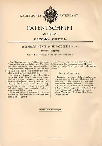 Original Patentschrift - H. Hente in St. Ingbert , Rheinpf., 1906 , federnde Kupplung  !!!