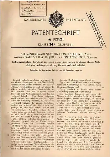 Original Patentschrift - Gautschi & Jequier in Gontenschwil , 1905 , Gas - Kochapparat , Koch , Kochherd !!!