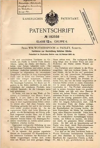 Original Patentschrift - Fa. W. Wotherspoon in Paisley , Scotland , 1906 , Herstellung von Stärke !!!