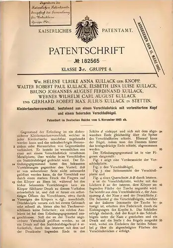 Original Patentschrift - H. Kullack , geb. Knopp in Stettin , 1905 , Taschenverschluß für Kleider , Textilien!!!