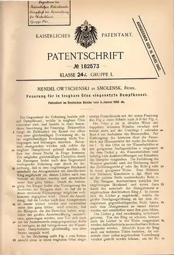Original Patentschrift - M. Owtschinski in Smolensk , Russland , 1905 , Feuerung für Dampfkessel , Dampfmaschine !!!