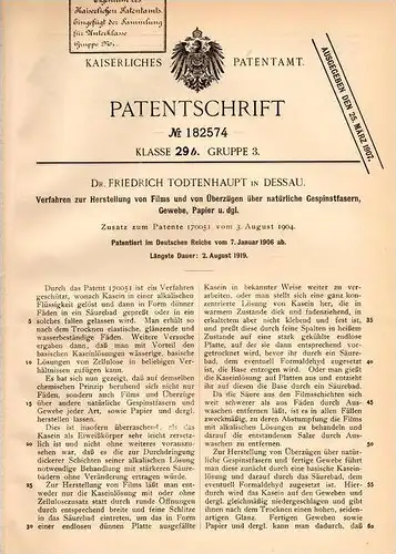 Original Patentschrift - Dr. F. Todtenhaupt in Dessau , 1906 , Herstellung von Überzug aus Gewebe und Papier !!!