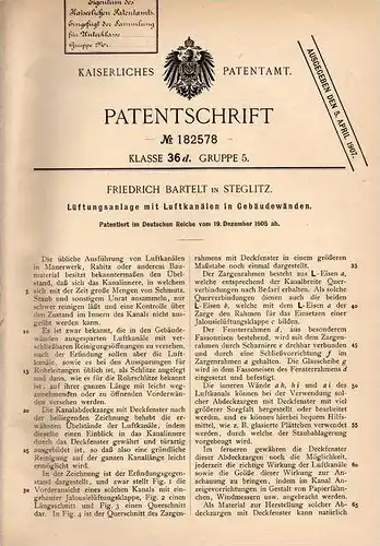 Original Patentschrift - F. Bartelt in Steglitz - Berlin , 1905 , Lüftungsanlage für Gebäude , Mauerwerk !!!
