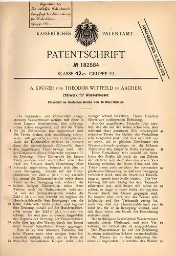 Original Patentschrift - T. Wittfeld in Aachen , 1906 , Zähler für Wassermesser , Wasserwerk , Wasseruhr !!!