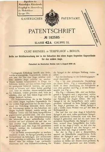 Original Patentschrift - C. Brendel in Tempelhof b. Berlin , 1906 , Brille für Sehachse des Auges , Augenarzt , Auge !!!