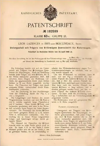 Original Patentschrift - L. Lazerges in Issy les Moulineaux , Seine , 1906 , Gestell für Automobile , Motorwagen !!!