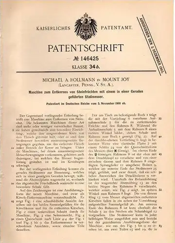 Original Patentschrift - M. Rollmann in Mount Joy , Penns., 1901 , Machine for fruits , fruit , drupe !!!
