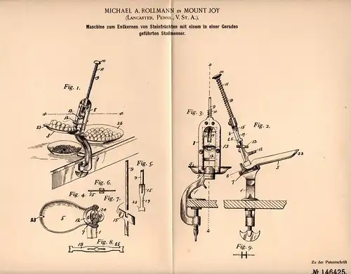 Original Patentschrift - M. Rollmann in Mount Joy , Penns., 1901 , Machine for fruits , fruit , drupe !!!