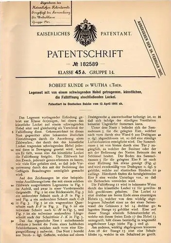 Original Patentschrift - R. Kunde in Wutha i.Th., 1906 , Legenest mit Lockei für Vögel , Vogelhaus !!!