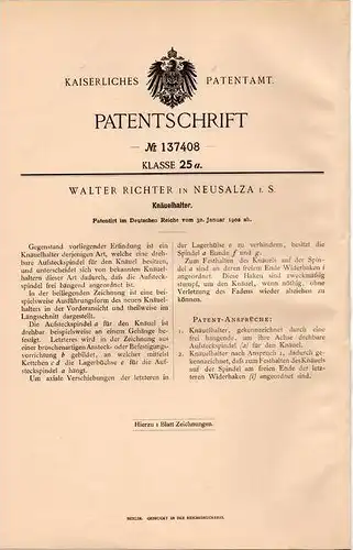 Original Patentschrift - W. Richter in Neusalza i.S. , 1902 , Knäuelhalter !!!