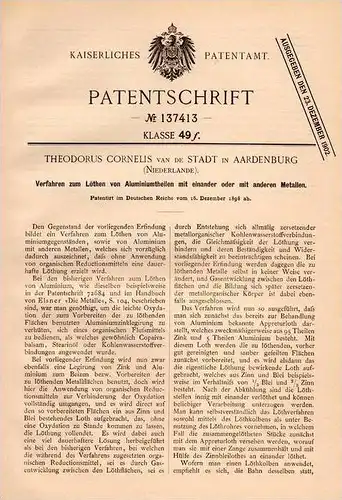 Original Patentschrift - T- C. van de Stadt in Aardenburg , 1898 , Löten von Aluminium !!!