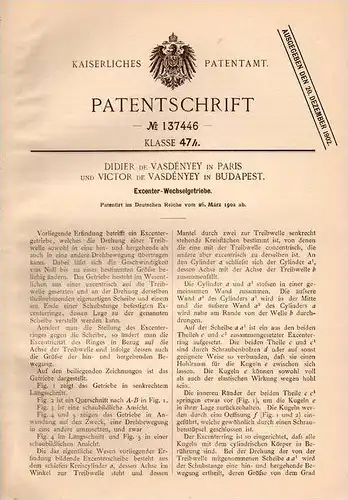 Original Patentschrift - D. de Vasdényey in Paris und Budapest ,1902, Excenter - Wechselgetriebe , Getrieb , Transmisson