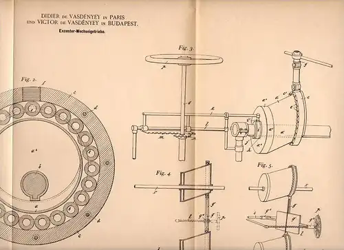 Original Patentschrift - D. de Vasdényey in Paris und Budapest ,1902, Excenter - Wechselgetriebe , Getrieb , Transmisson