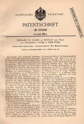Original Patentschrift - E.M. Vrard in Neuilly sur Seine , 1901 , Getriebe für Automobile , Motorwagen , Transmission !!