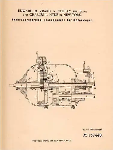 Original Patentschrift - E.M. Vrard in Neuilly sur Seine , 1901 , Getriebe für Automobile , Motorwagen , Transmission !!