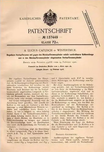 Original Patentschrift - A. Caflisch in Winterthur , 1902 , regelbare Bremse , Vorlaufbremse !!!