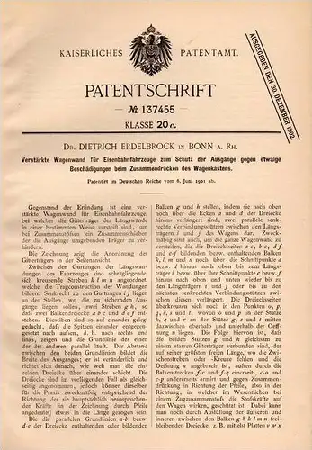 Original Patentschrift - Dr. D. Erdelbrock in Bonn a.Rh. , 1901 , Verstärkte Wand für Eisenbahn !!!