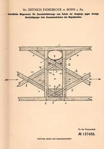 Original Patentschrift - Dr. D. Erdelbrock in Bonn a.Rh. , 1901 , Verstärkte Wand für Eisenbahn !!!