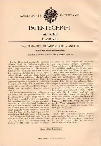 Original Patentschrift - Perrault , Gréaud & Cie in Angers , 1901 , Nadel für Strickmaschine , Strickerei !!!