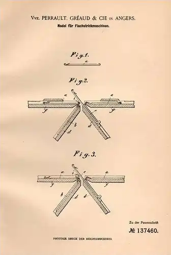 Original Patentschrift - Perrault , Gréaud & Cie in Angers , 1901 , Nadel für Strickmaschine , Strickerei !!!