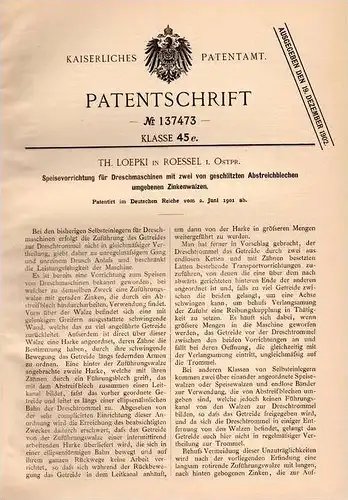 Original Patentschrift - Th. Loepki in Rößel i. Ostpreussen , 1901 , Apparat für Dreschmaschine , Landwirtschaft !!!