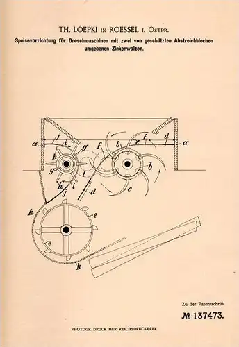 Original Patentschrift - Th. Loepki in Rößel i. Ostpreussen , 1901 , Apparat für Dreschmaschine , Landwirtschaft !!!