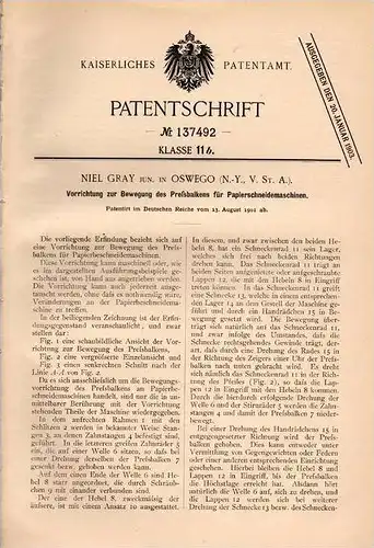 Original Patentschrift - Niel Gray in Oswego , N.-Y., 1901 , Apparat für Papier - Schneidemaschine , Paper - Machine !!!