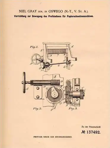 Original Patentschrift - Niel Gray in Oswego , N.-Y., 1901 , Apparat für Papier - Schneidemaschine , Paper - Machine !!!